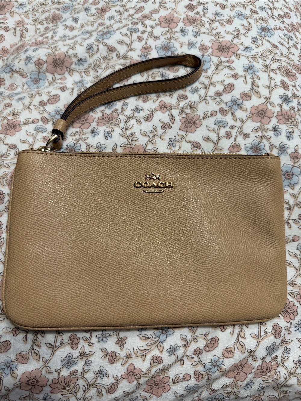 Coach Tan Pebbled Leather Wristlet with Gold Logo